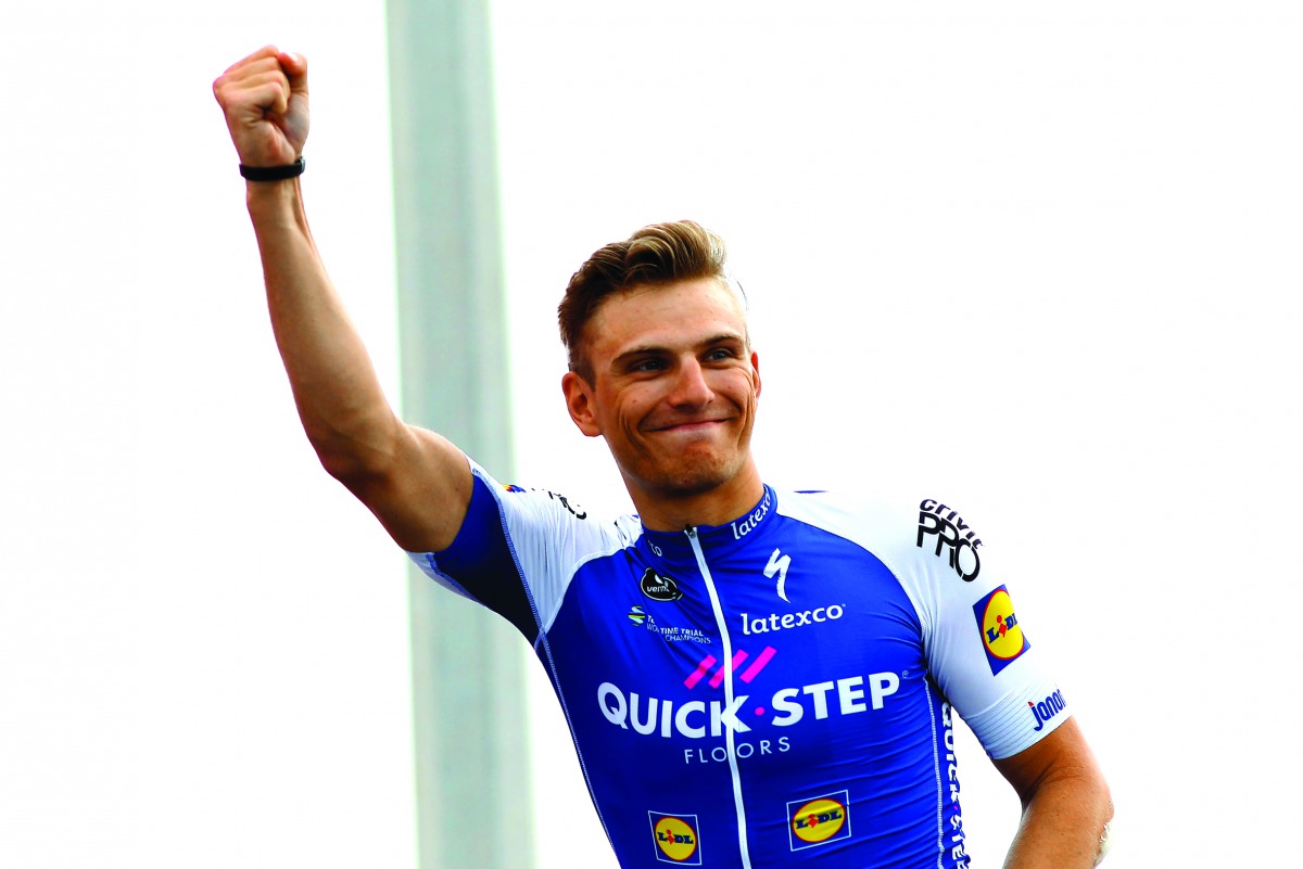 German sprinter Marcel Kittel of Quick Step celebrates on stage after winning the stage two of the Tour of Abu Dhabi, yesterday.