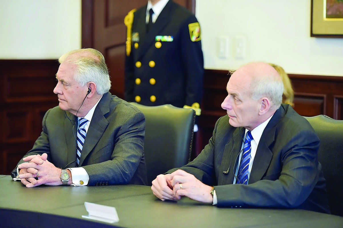 US Secretary of State Rex Tillerson (left) and Secretary of Homeland Security John Kelly during a meeting with Mexican President Enrique Pena Nieto at the Los Pinos Presidential Palace in Mexico City, yesterday.

