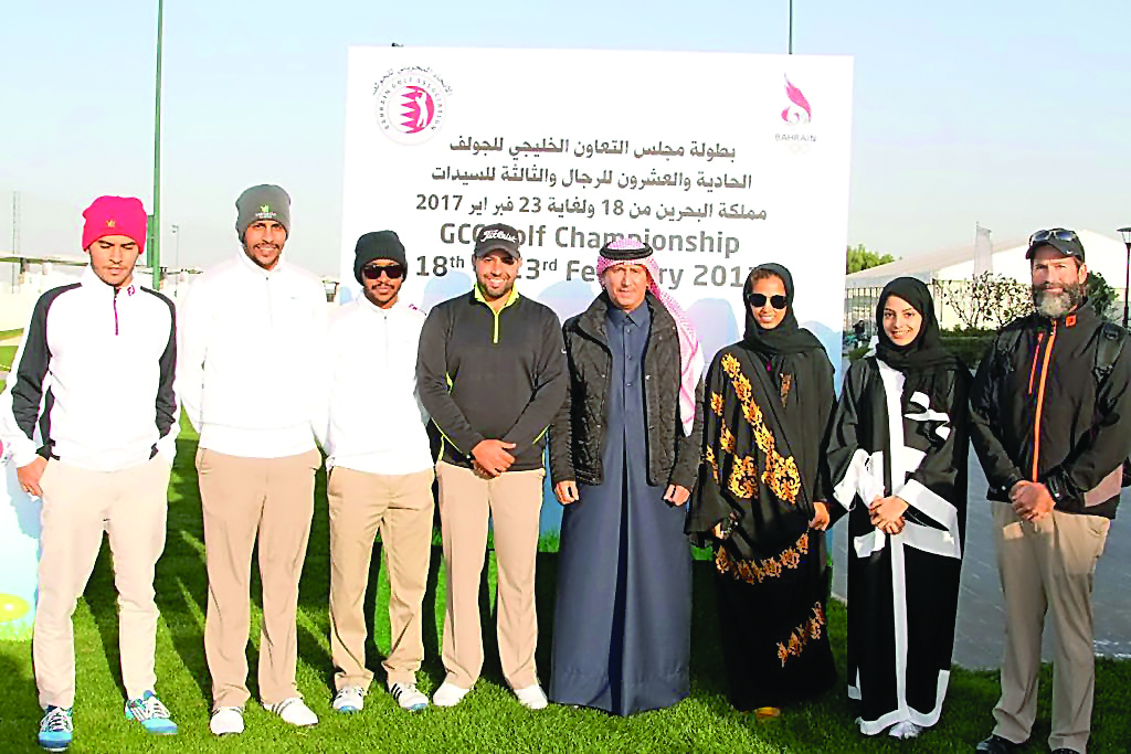 Qatar women team members, winners of the third place at the 3rd GCC Ladies Golf Championship held at the Royal Golf Club in Bahrain, pose for a picture along with Mohammed Faisal Al Naimi, Qatar Golf Association Executive Director and coach Mike Elliott. 