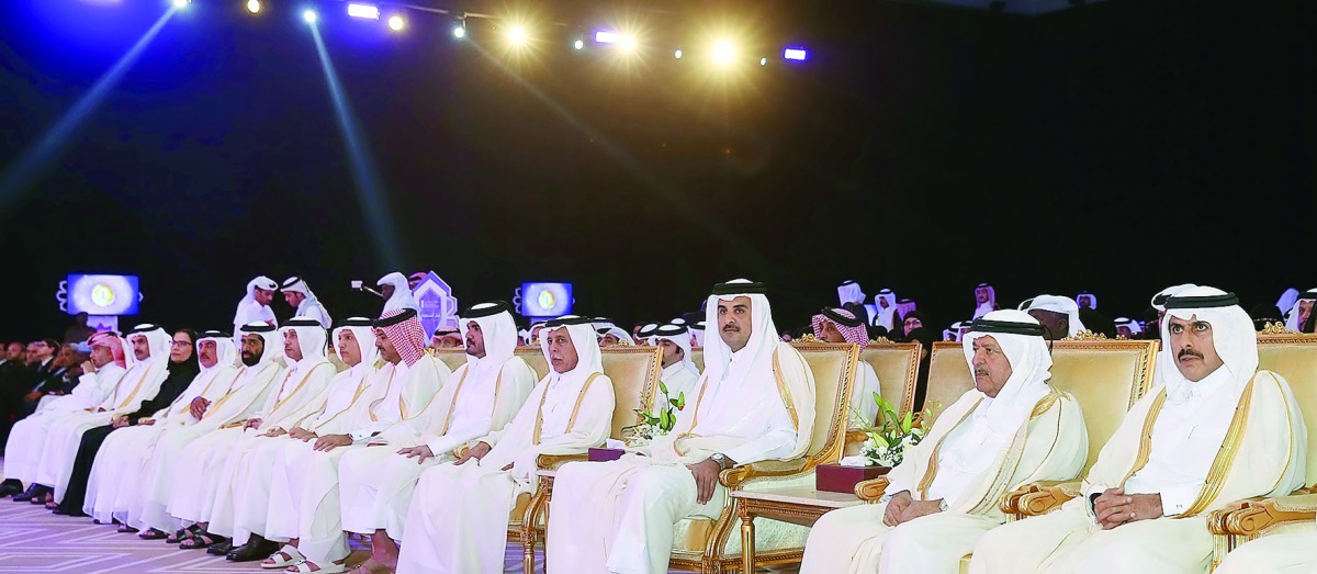 Emir H H Sheikh Tamim bin Hamad Al Thani at the Education Excellence Day ceremony. The ceremony was attended by a number of Their Excellencies Sheikhs, Ministers and senior officials.
