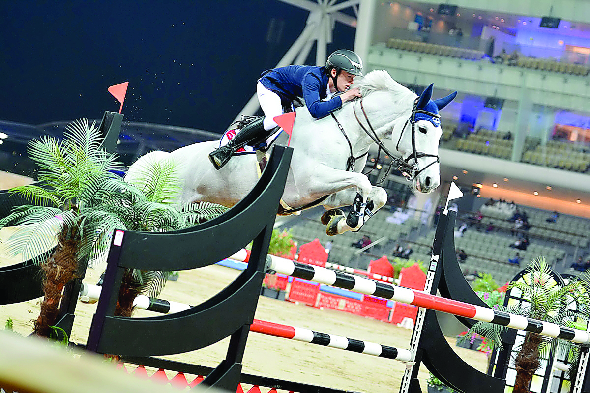 Irish rider Bertram Allen,  guides Molly Malone V over an obstacle on his way to win the S04 - CSI5* Table A. against the clock 1.50m competition at the Al Shaqab outdoor arena yesterday. Picture: Lotfi Garsi 