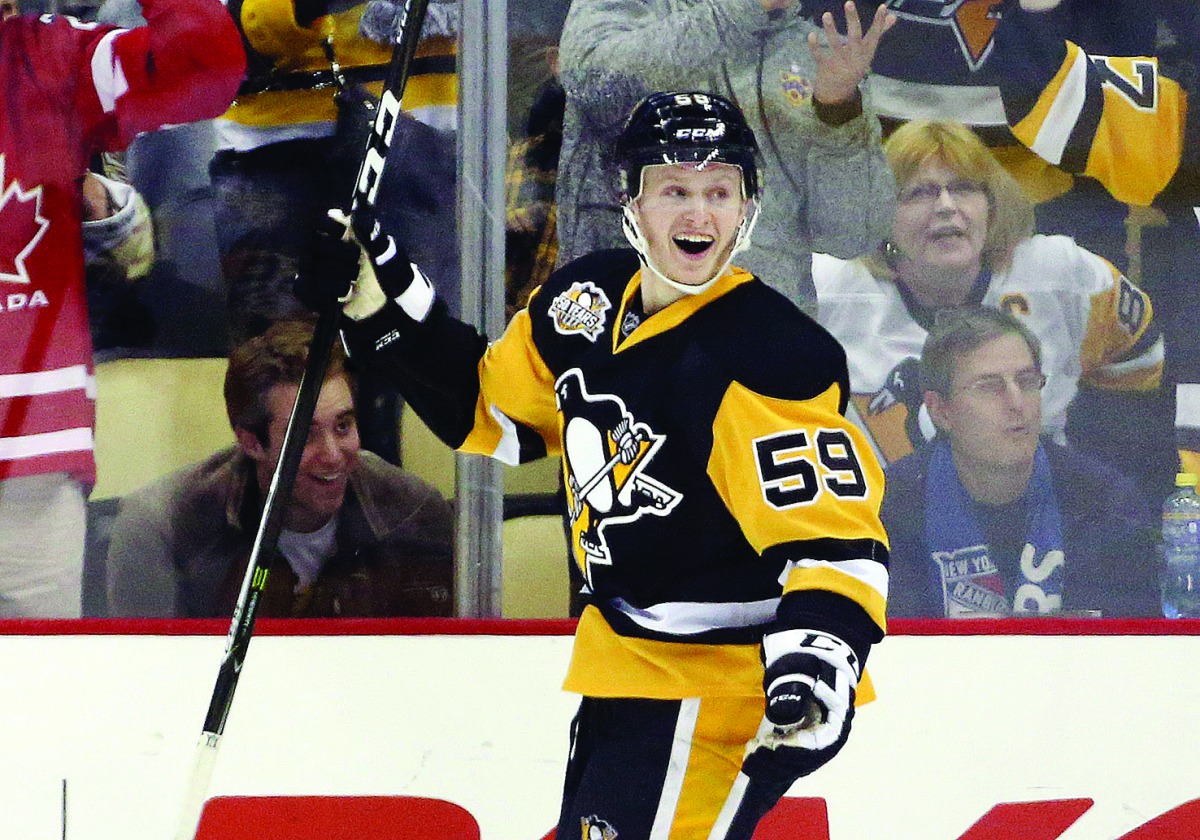 Pittsburgh Penguins centre Jake Guentzel reacts after scoring a goal against the Buffalo Sabres during their NHL game in Pittsburgh on Sunday. 