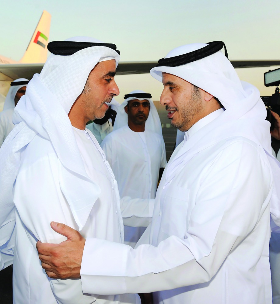 Prime Minister and Interior Minister H E Sheikh Abdullah bin Nasser bin Khalifa Al Thani receiving UAE's Deputy Prime Minister and Minister of Interior H E Sheikh Saif bin Zayed Al Nahyan yesterday. 