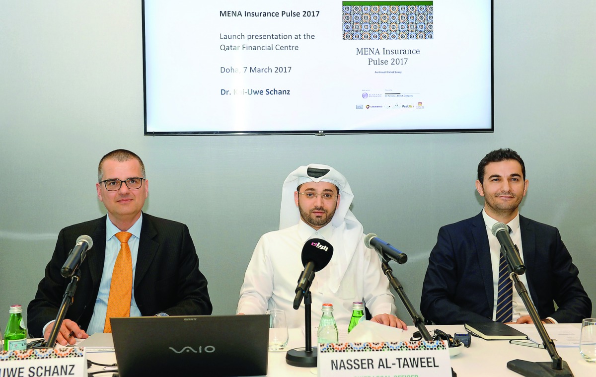 FROM LEFT: Dr Kai-Uwe Schanz, Chairman and Partner, Dr Schanz, Alms and Company AG; Nasser Al Taweel, Chief Legal Officer, Qatar Financial Centre (QFC); and Gokhan Celik, Head of Banking, QFC; addressing at the launch of MENA Insurance Pulse 2017 at the Q