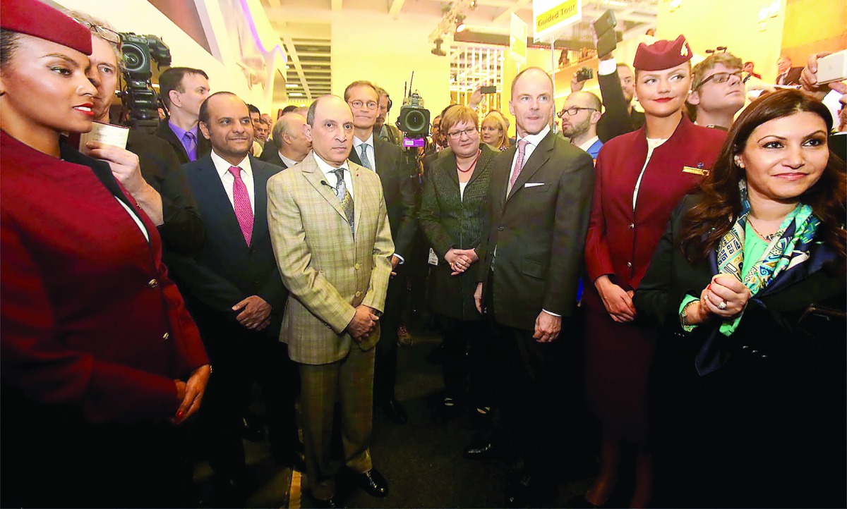 Qatar Airways Group Chief Executive Akbar Al Baker, Country Manager for Germany and Austria & Switzerland, Frédéric Gossot, and other officials at the press conference. 
