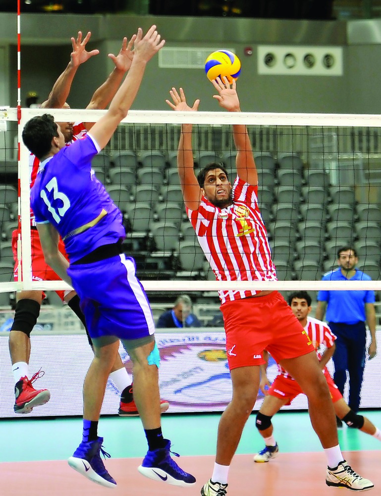 Action from the  match between Al Ain club of UAE and Oman's Al Salam at the 36th GCC Clubs Volleyball Championship at Ali bin Hamad SC Al Attiyah Arena yesterday. Al Salam won 25-17, 25-18, 22-25, 25-19.