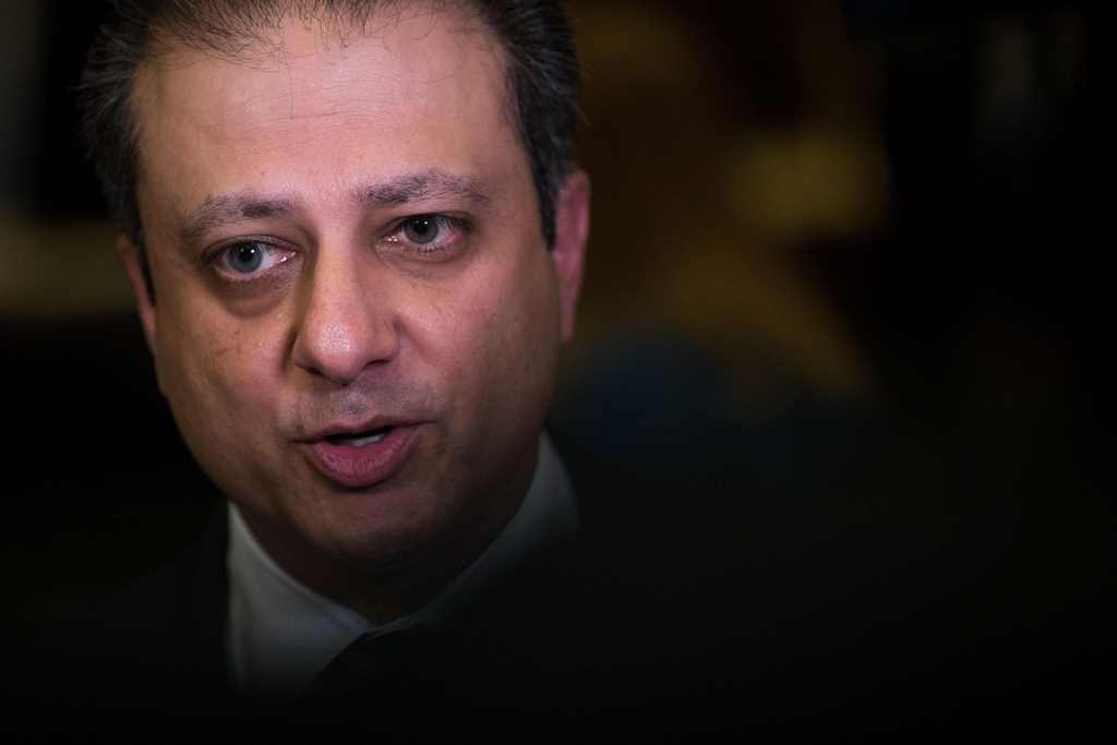 (FILES) This file photo taken on November 30, 2016 shows Preet Bharara, U.S. Attorney for the Southern District of New York, speaking briefly to reporters at Trump Tower, November 30, 2016 in New York City. AFP / GETTY IMAGES NORTH AMERICA / Drew Angerer