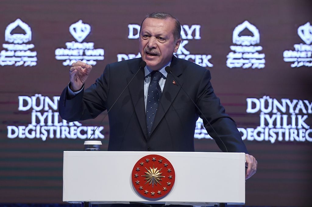 Turkish President Recep Tayyip Erdogan gestures as he speaks in Istanbul on March 12, 2017. Turkey's President Recep Tayyip Erdogan on March 12 threatened that the Netherlands would 