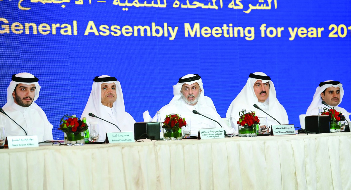 FROM LEFT:  Mohammed Yousef Kamal, Abdulrahman Abdullah Al Abdulghani, Vice Chairman, Turki bin Mohammed Al Khater, Chairman of UDC, Ali Hussain Al Fardan, and Nasser Jaralla Almarri, during UDC's Annual General Assembly held at the Pearl-Qatar's Marsa Ma