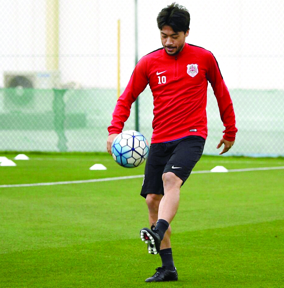 Al Rayyan skipper Rodrigo Tabata in action during a practice session ahead of their AFC Champions League match against Persepolis which takes place at Al Sadd Stadium
