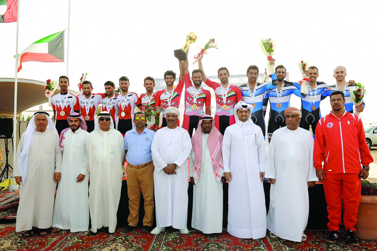 The podium winners in the Team Trial event at the 19th GCC Road Cycling Championship pose for a picture with officials at the Losail International Circuit. Picture: Salim Matramkot/The Peninsula