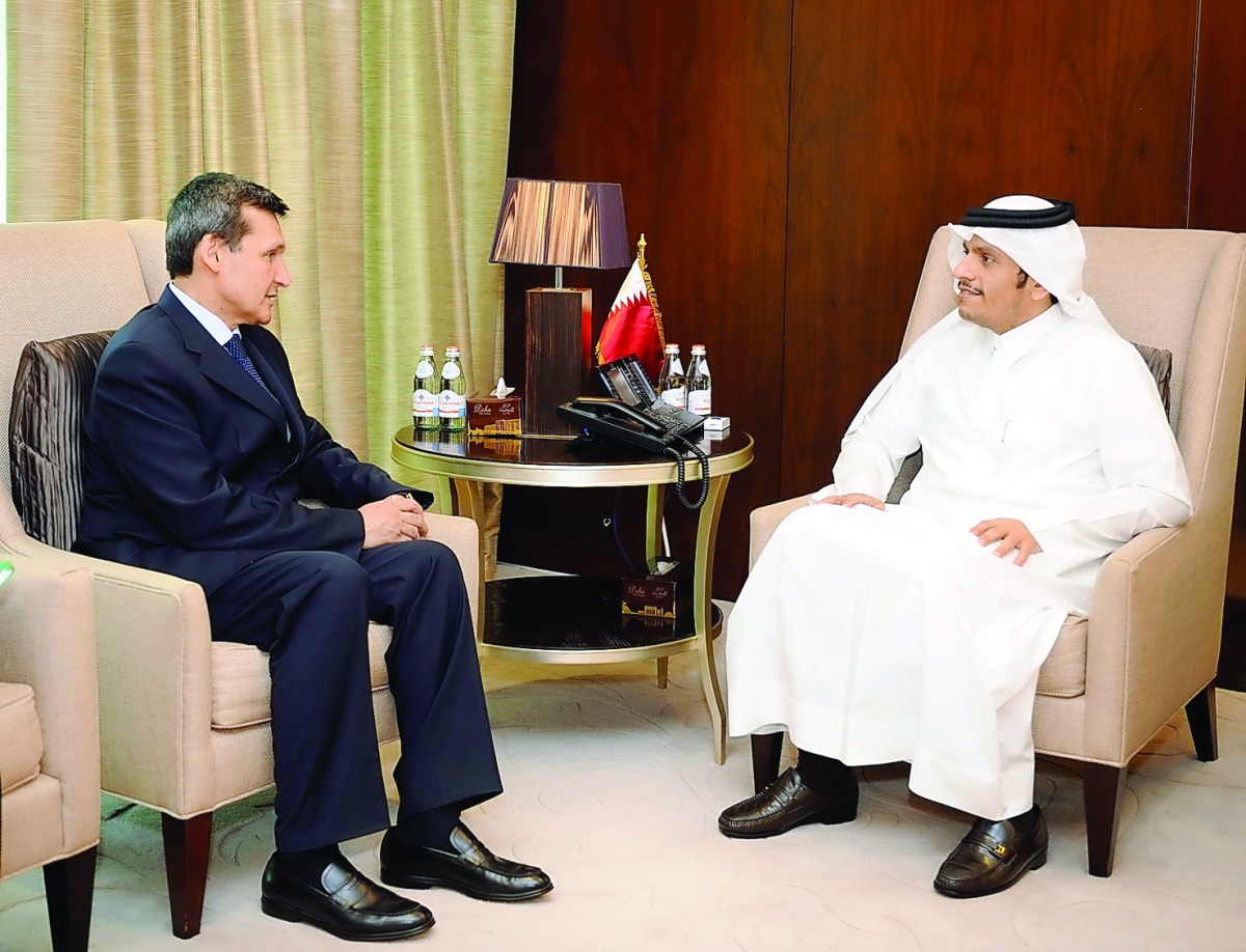 Foreign Minister H E Sheikh Mohamed bin Abdulrahman Al Thani with Turkmenistan's Deputy Prime Minister and Minister of Foreign Affairs Rasit Meredow in Doha yesterday. The Foreign Minister praised the relations between both countries and the outcome of th