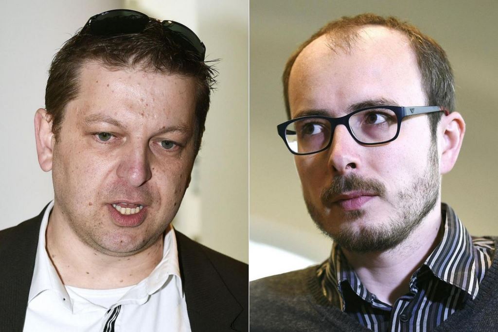 File photo of former Pricewaterhouse Coopers employee Antoine Deltour (right) and colleague Raphael Halet (left). PHOTO: AFP
