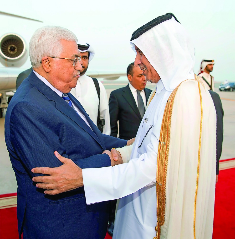 President of the State of Palestine, Mahmoud Abbas, and his accompanying delegation were welcomed at Hamad International Airport by Minister of State for Foreign Affairs, H E Sultan bin Saad Al Muraikhi, and the Palestinian Ambassador to Qatar Munir Ghann