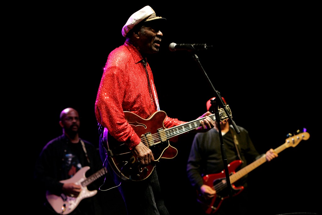 (FILES): This file photo taken on March 28, 2008 shows US rock and roll legend Chuck Berry performing at a concert held in Santa Cruz de Tenerife. AFP / DESIREE MARTIN