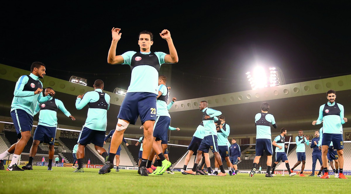 Qatari players in action during a practice session on the eve of their FIFA 2018 World Cup qualifier against Iran which will be played at Al Sadd Stadium today. 