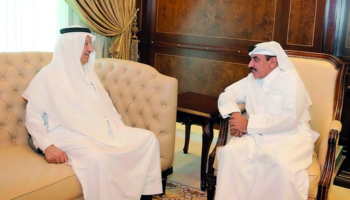 Minister of Transport and Communications H E Jassim Saif Ahmed Al Sulaiti with Dr Abdulaziz Salem Al Rwais, Governor of the Saudi Communications and Information Technology Commission (CITC) in Doha yesterday. They  discussed cooperation between the two br