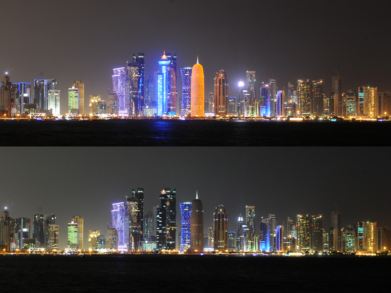 (Combo) (File Photos) Doha Skyline before and during Earth Hour. March 16, 2016. Salim Matramkot © The Peninsula