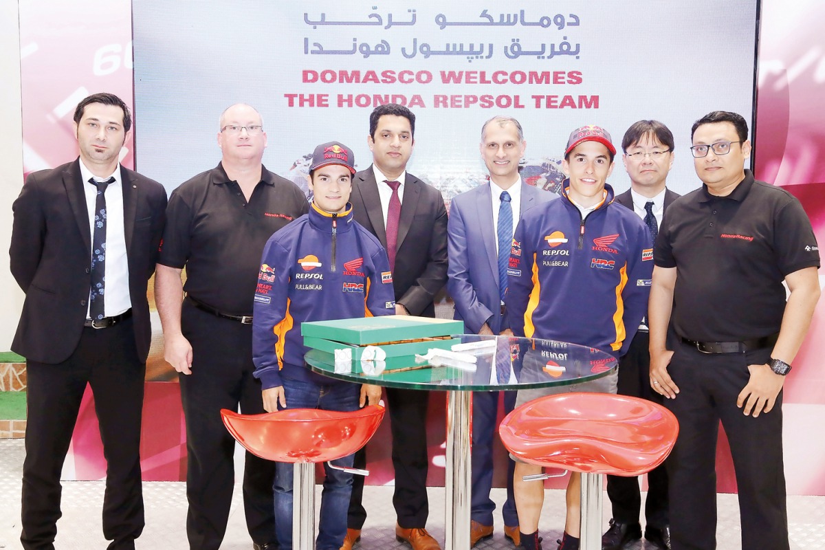 Reigning MotoGP world champion Marc Marquez and his team-mate, Dani Pedrosa visited the Doha Marketing Services Company WLL (DOMASCO), a Honda flagship showroom in Doha on Thursday.