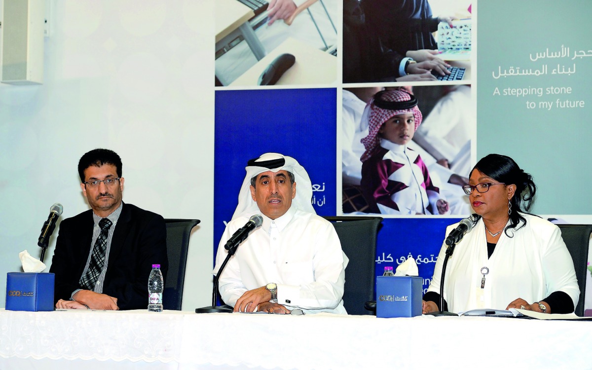 Dr Abdullah Hazaimeh, Dean of Community College of Qatar (CCQ); Dr Ibrahim Al Naimi, President of CCQ; and Dr Linda Lebile, Chair of Humanities and Social Sciences Department, at a press conference at the CCQ headquarters yesterday. Pic: Salim Matramkot/T