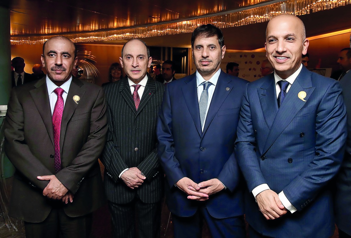 Prime Minister and Interior Minister H E Sheikh Abdullah bin Nasser bin Khalifa Al Thani (second right), H E Jassim Saif Al Sulaiti, Minister of Transport and Communications (left), H E Ali Sherif Al Emadi, Minister of Finance (right) and Qatar Airways Gr