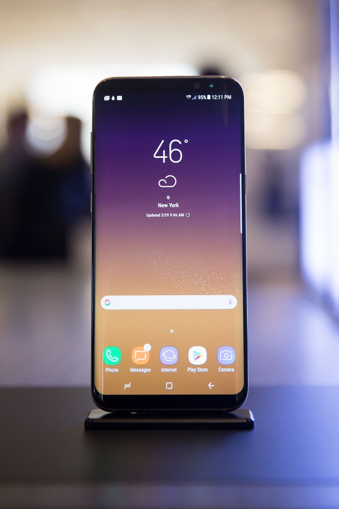 A view of the new Samsung Galaxy S8 at its Samsung launch event, March 29, 2017 in New York City. Following the recall and discontinuation of the Samsung Galaxy Note 7, the Galaxy S8 is the new flagship smartphone for Samsung. Drew Angerer/Getty Images/AF