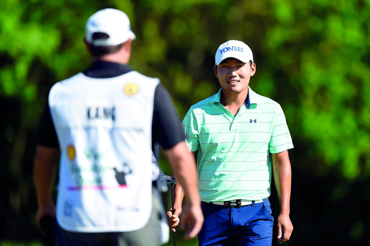 Kang Sung of South Korea celebrates after making a birdie putt during the Houston Open at the Golf Club of Houston in Humble, Texas on Friday. 