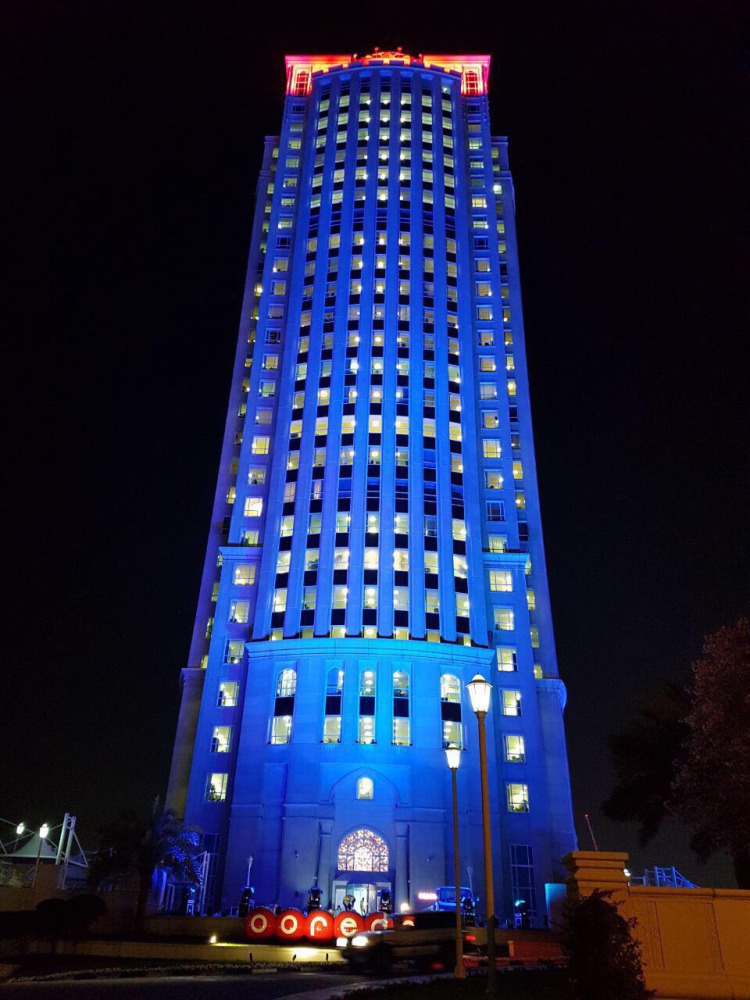 The Ooredoo Tower lit up in blue yesterday.