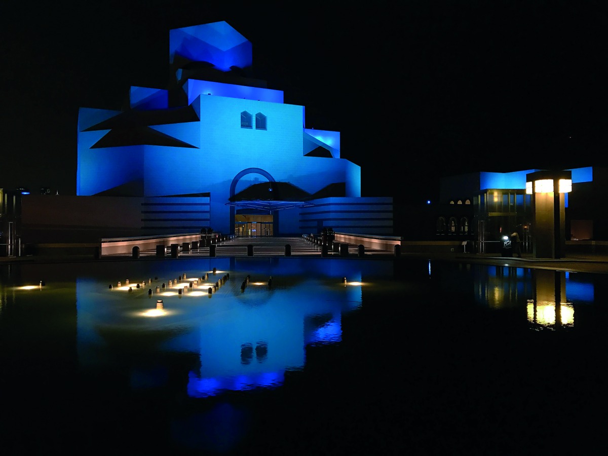 The Museum of Islamic Art lit up in blue to mark the World Autism Awareness Day.