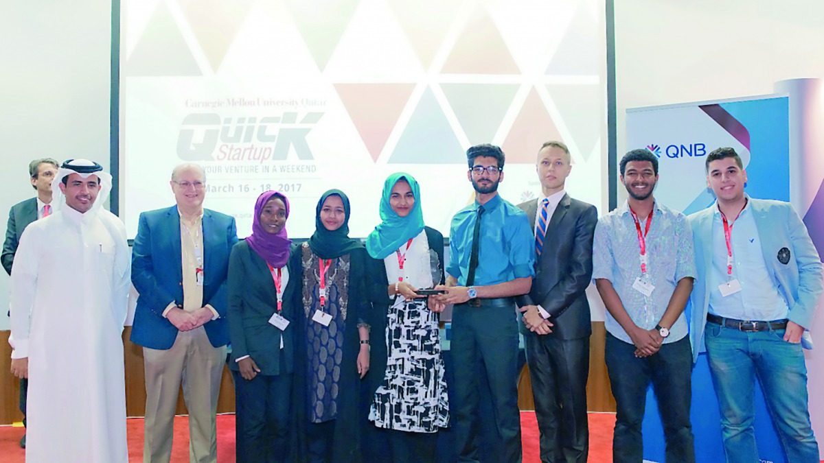 The Qatar University team that won Quick Startup 2017, with officials. 