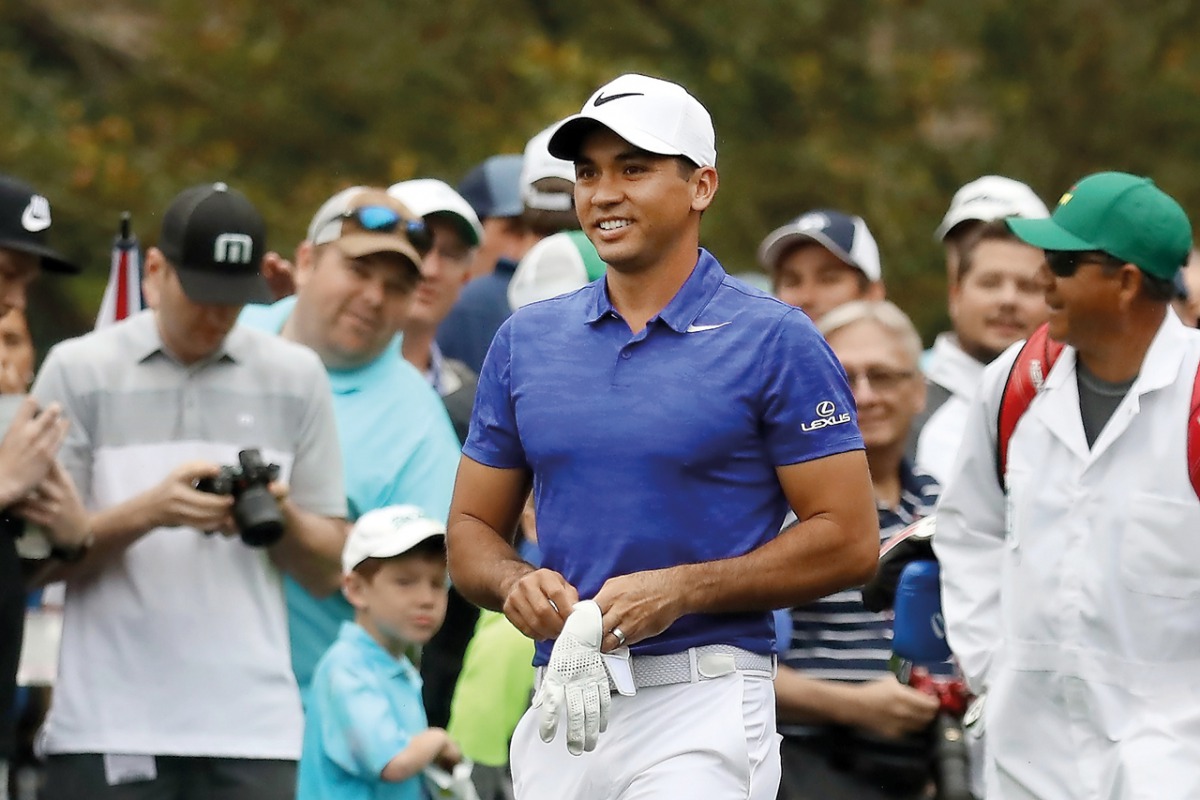 Jason Day of Australia reacts during a practice round prior to the start of the 2017 Masters Tournament at Augusta National Golf Club on Monday in Augusta, Georgia.