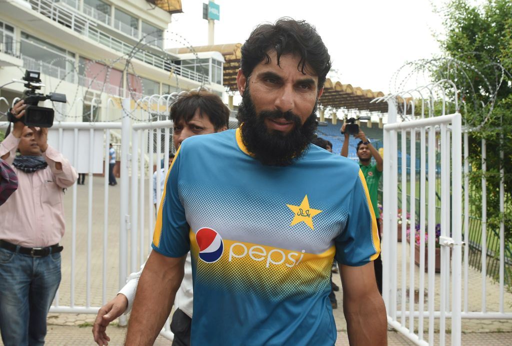 Pakistani Test cricket captain Misbah-ul-Haq arrives to speak to media at the Gaddafi Cricket Stadium in Lahore on April 6, 2017.   AFP / ARIF ALI
