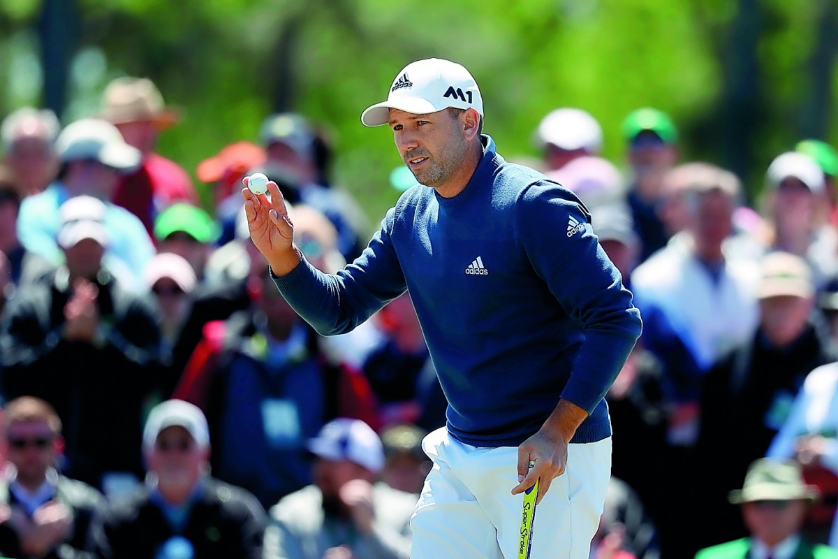 Sergio Garcia of Spain reacts to a birdie putt on the ninth hole during the second round of the 2017 Masters Tournament at Augusta National Golf Club on Friday in Augusta, Georgia.
