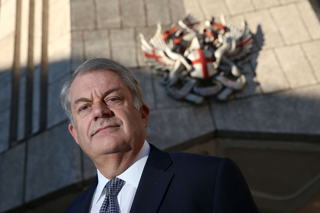 (FILES) This file photo taken on January 20, 2017 shows Mark Boleat, City of London policy chief, posing for a photograph following an interview with AFP, outside the Guildhall in the City of London on January 20, 2017.  AFP / Daniel Leal-Olivas 