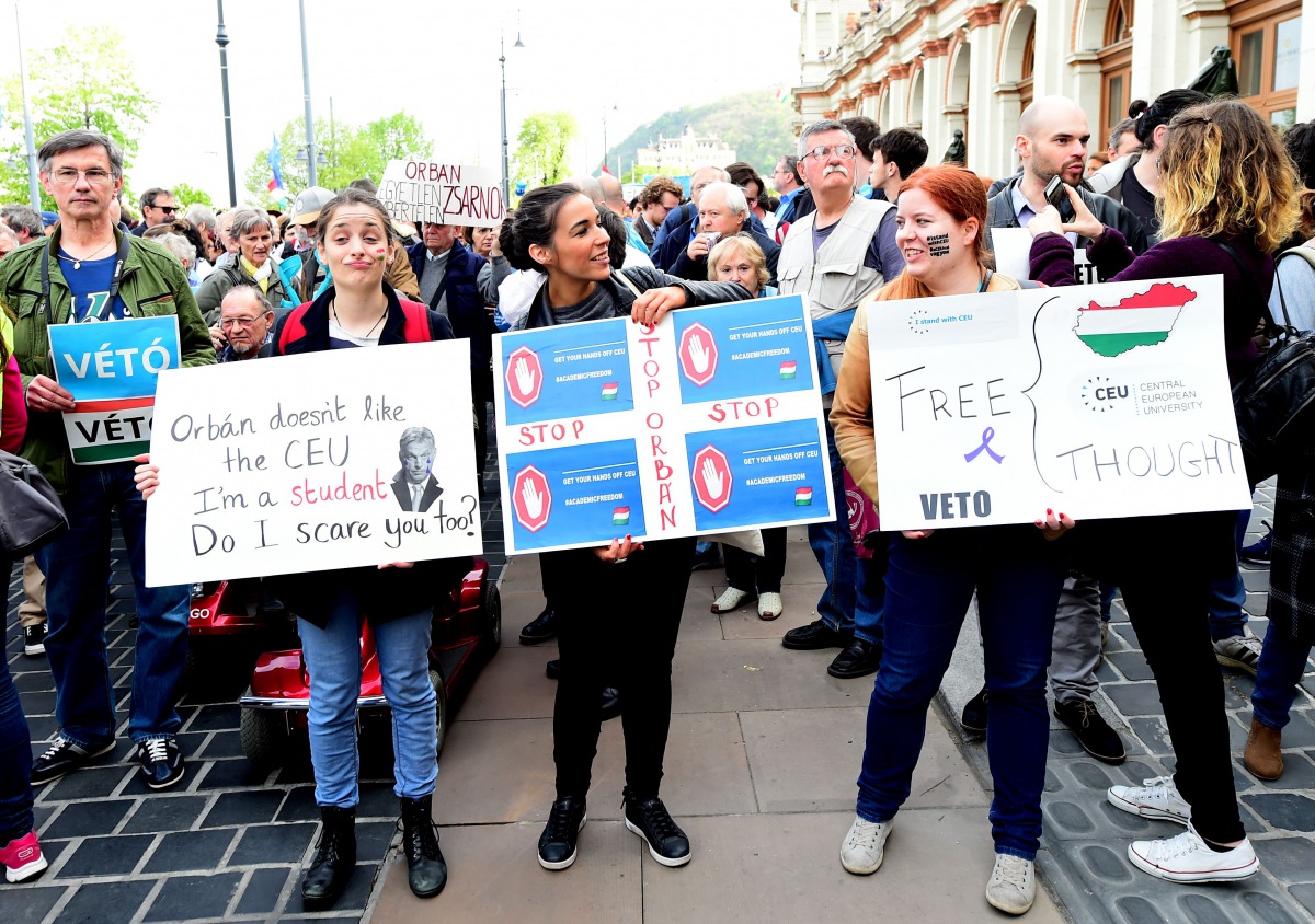 Students and teachers of the Central European University protest in the 1st district of Budapest with their sympathizers on April 9, 2017.  Hungarian lawmakers approved legislation that could force the closure of a prestigious Budapest university founded 