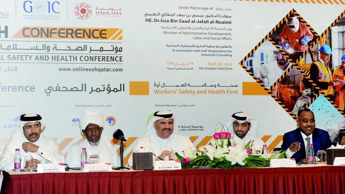 From Left: Jaber Al Marri from MADLSA, Shaik Hammad Al Shaikh, Director-General of Islamic Dawah Organisation, Dr Ali Al Mulla, Assistant Secretary-General of GOIC, Fahad Al Ghanim from MADLSA and Babiker Osman, Hawkama, at a conference yesterday. Pic: Sa