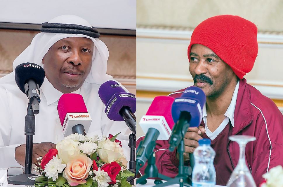 Aspire Zone Foundation (AZF) Events Manager Abdullah Al Khater speaking during the launch of the 12th Player Tournament for Football Fan Associations in Doha on Monday. Right: Qatari football legend, Mansour Muftah.
