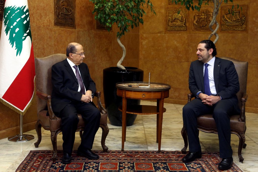 Lebanon's President Michel Aoun (L) meets with Prime Minister Saad al-Hariri at the Presidential Palace in Baabda, Lebanon April 12, 2017. Dalati Nohra/Handout via Reuters 