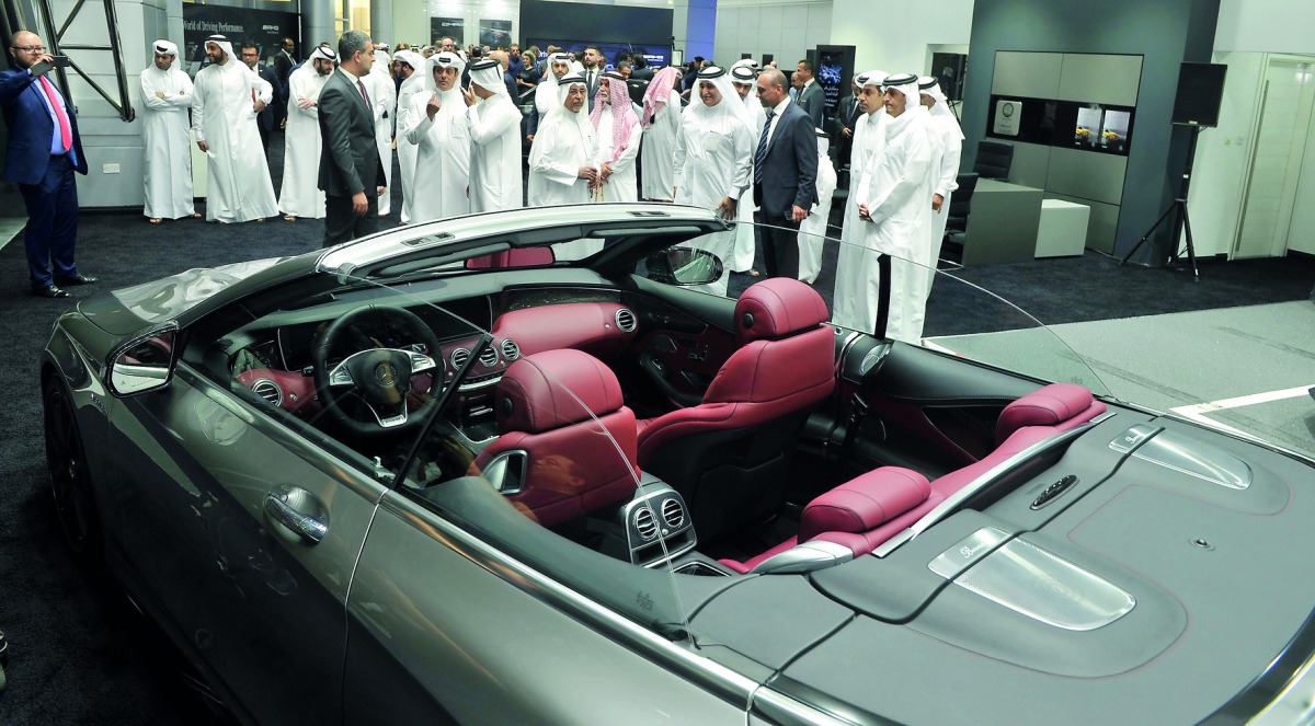 NBK Chairman and CEO Sheikh Nawaf Nasser bin Khaled AI Thani with other officials at the newly-opened AMG Performance Center at the Salwa Road showroom. Pic: Kammutty VP / The Peninsula