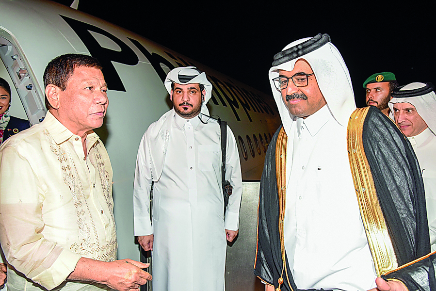 President of the Republic of the Philippines Rodrigo Duterte being received at the  Hamad International Airport by Minister of Energy and Industry  H E Dr Mohammed bin Saleh Al Sada
