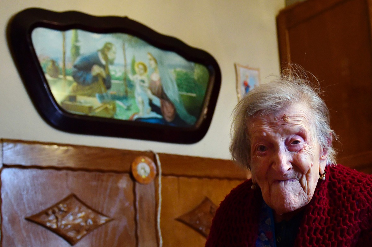 This file photo taken on May 14, 2016 shows Emma Morano, 116, posing for AFP photographer in Verbania, North Italy, on May 14, 2016. Emma Morano was the oldest person in the world, and the only one who has touched three centuries. She died on April 15, 20