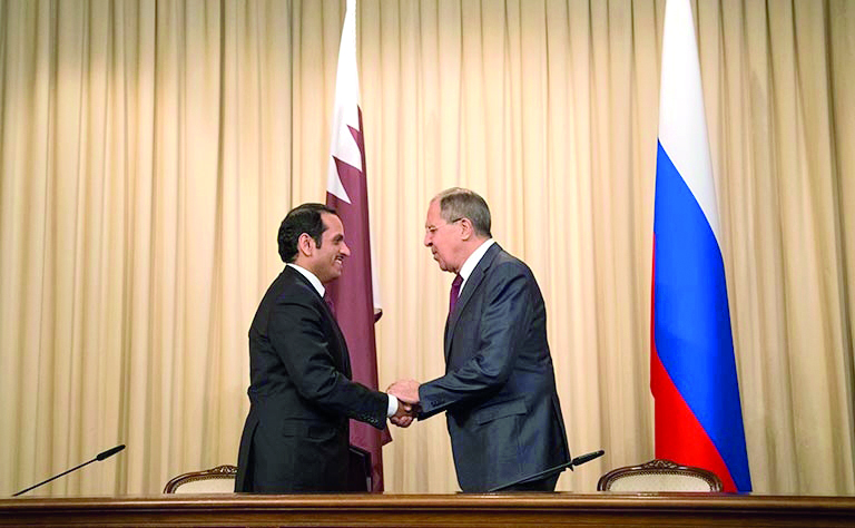 Foreign Minister  H E Sheikh Mohammed bin Abdulrahman Al Thani with his Russian counterpart Sergei Lavrov, in Moscow yesterday.