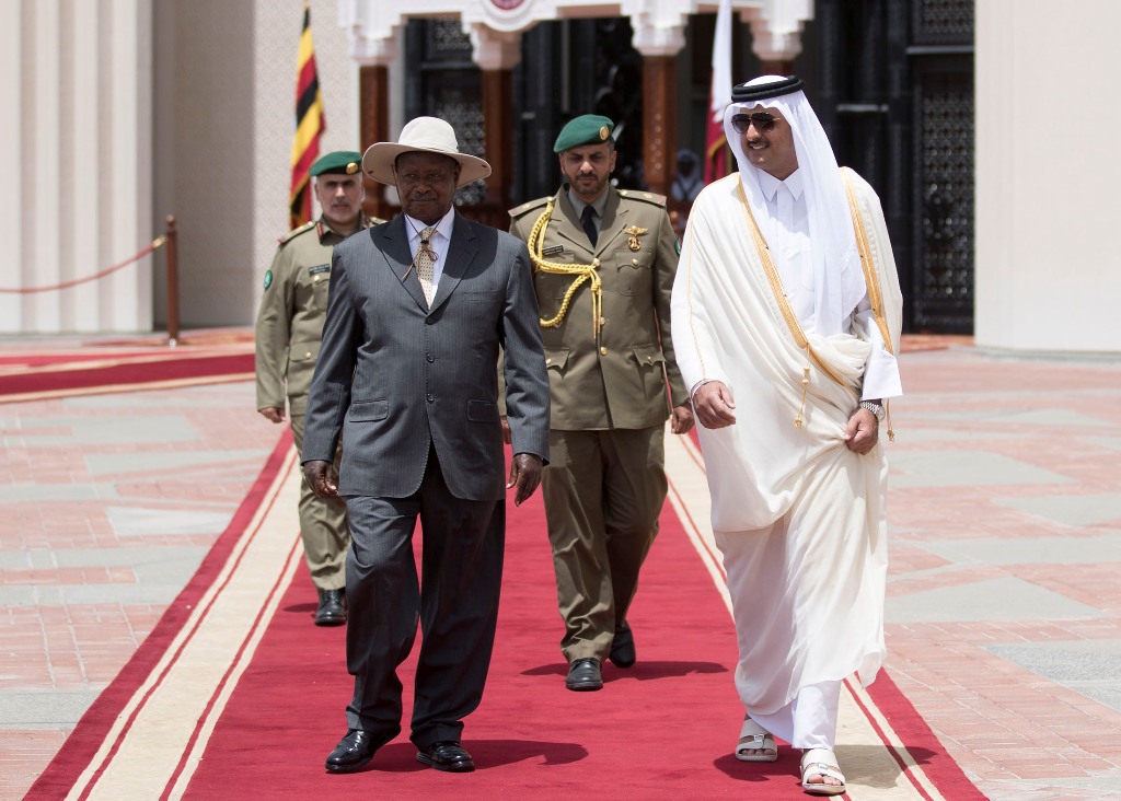 Emir H H Sheikh Tamim bin Hamad Al Thani with President of Uganda Yoweri Kaguta Museveni 