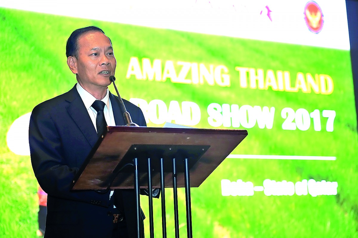 Soonthorn Chaiyindeepum, Thailand's Ambassador to Qatar, speaking at the Amazing Thailand pre-Arabian Travel Market Roadshow 2017 at the Grand Hyatt Hotel yesterday. Pic: Baher Amin / The Peninsula