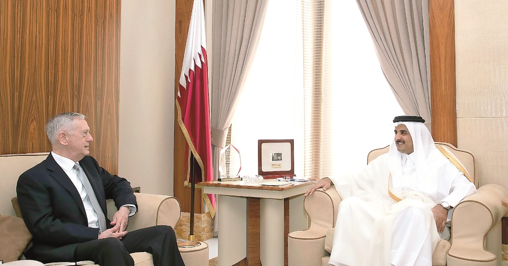 Emir H H Sheikh Tamim bin Hamad Al-Thani met at Al Bahr Palace yesterday with US Secretary of Defence James Mattis and his accompanying delegation. 