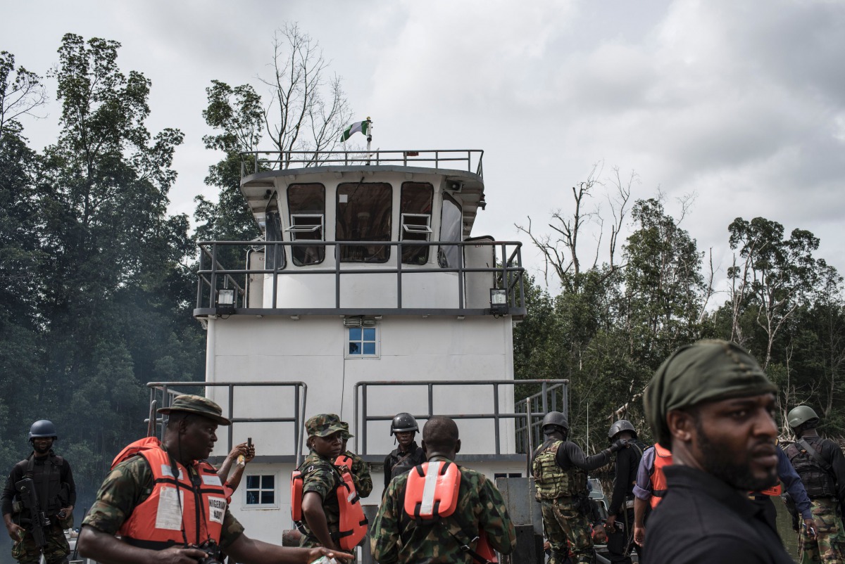 Members of the NNS Pathfinder of the Nigerian Navy patrol to look for illegal oil refineries on April 19, 2017 in the Niger Delta region near the city of Port Harcourt, Nigeria. AFP / Stefan Heunis


