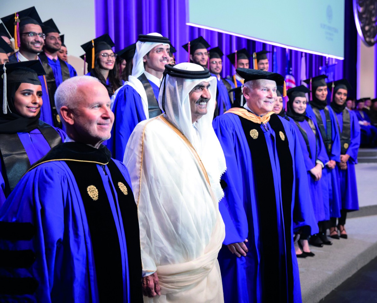 Father Emir H H Sheikh Hamad bin Khalifa Al Thani at the graduation ceremony.