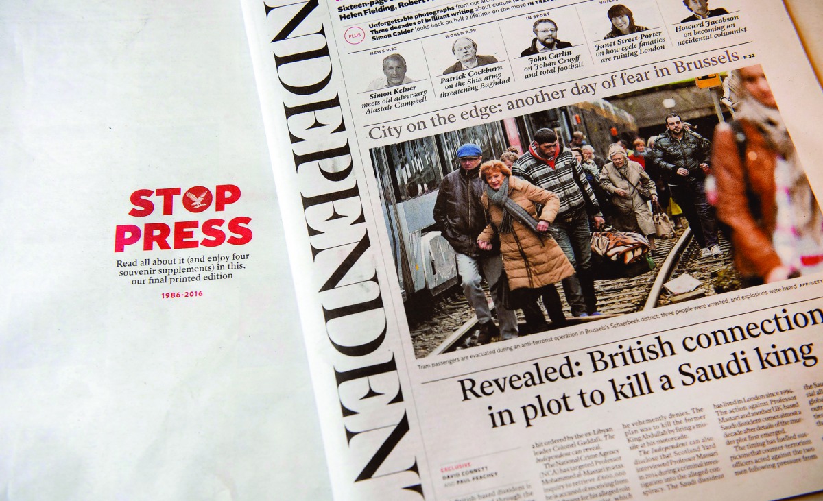 The last print edition of the Independent is pictured in London, March 26 2016 (EPA / WILL OLIVER) 