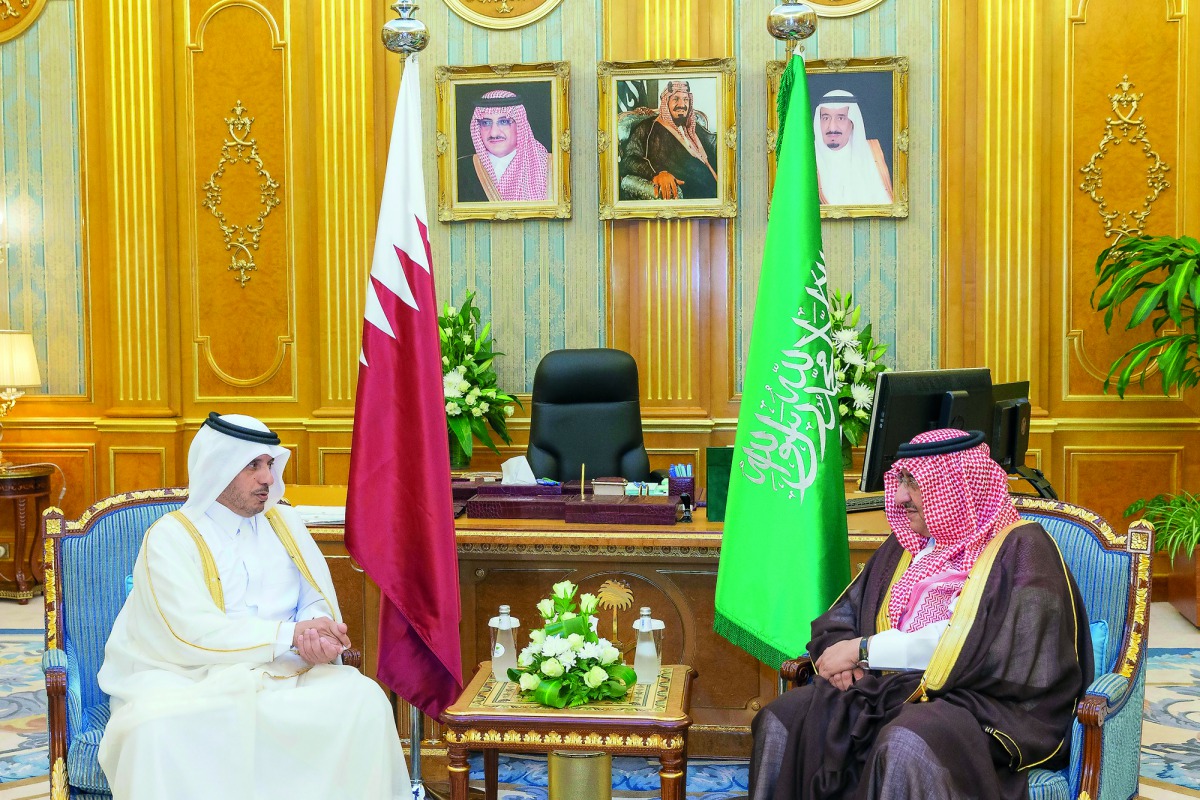 Prime Minister and Interior Minister H E Sheikh Abdullah bin Nasser bin Khalifa Al Thani (left) and HRH Crown Prince, Deputy Prime Minister and Minister of Interior of Kingdom of Saudi Arabia Prince Mohammed bin Naif bin Abdulaziz Al Saud during a meeting