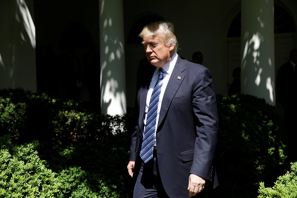 US President Donald Trump arrives to present the US Air Force Academy football team with the Commander-in-Chief trophy in the Rose Garden of the White House in Washington, US, May 2, 2017. REUTERS/Joshua Roberts